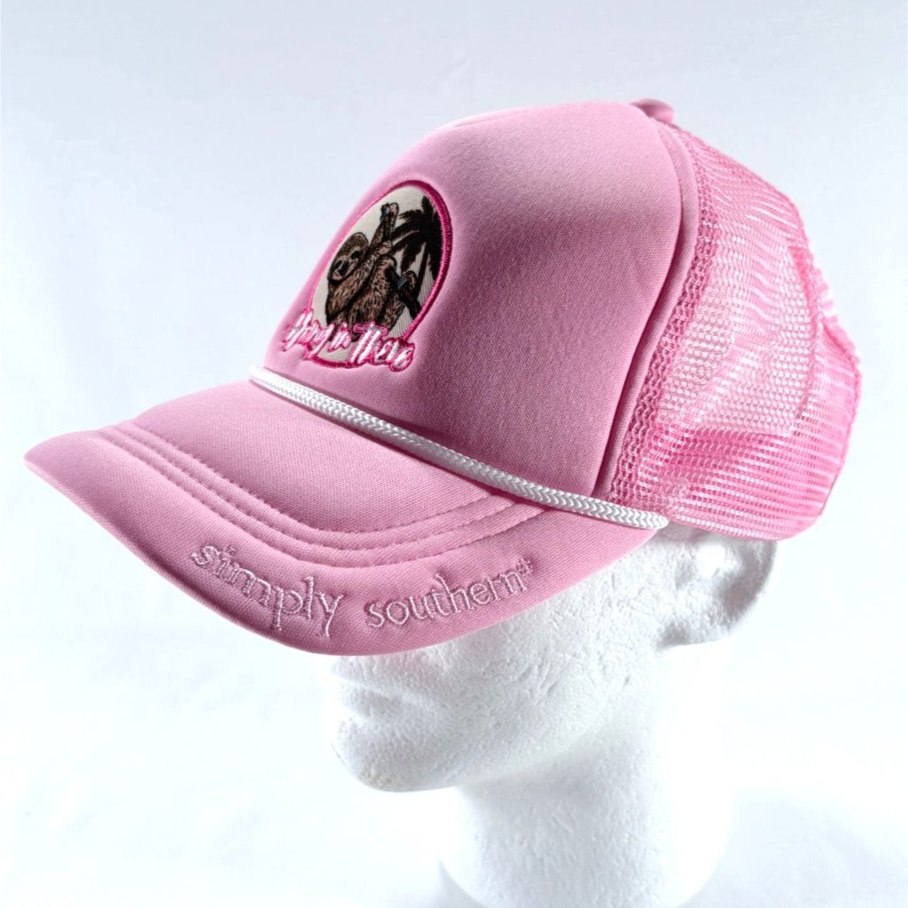 Simply Southern Embroidered Sloth Hang In There Pink Snapback Trucker Hat